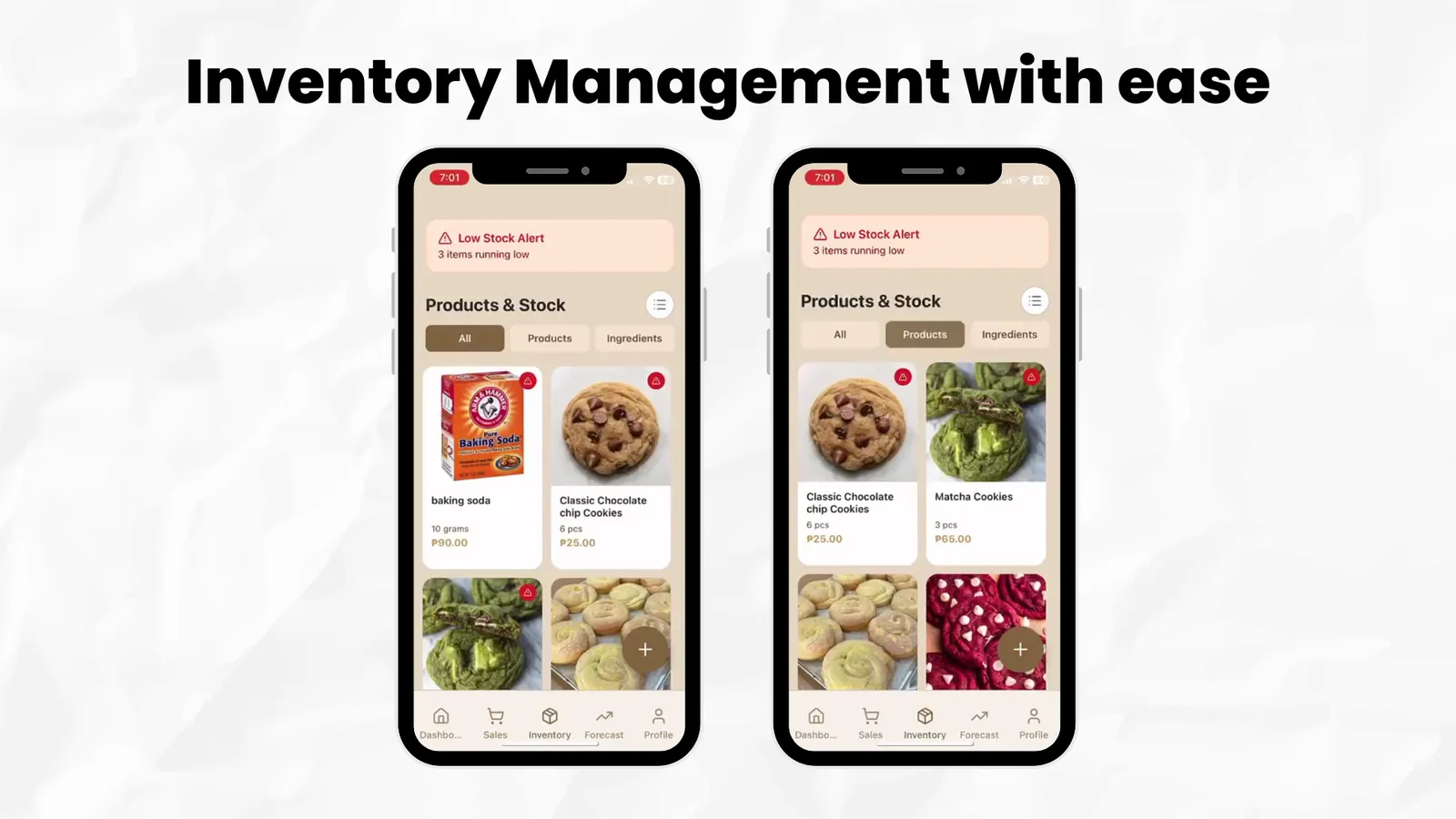 Flourcast app — inventory management screens
