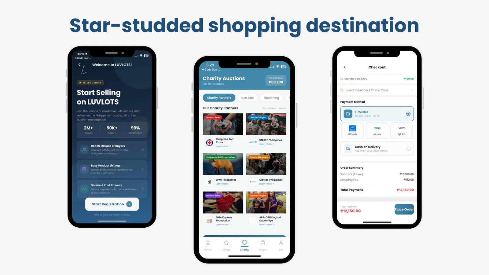 Luvlots app — seller center, charity auctions, checkout